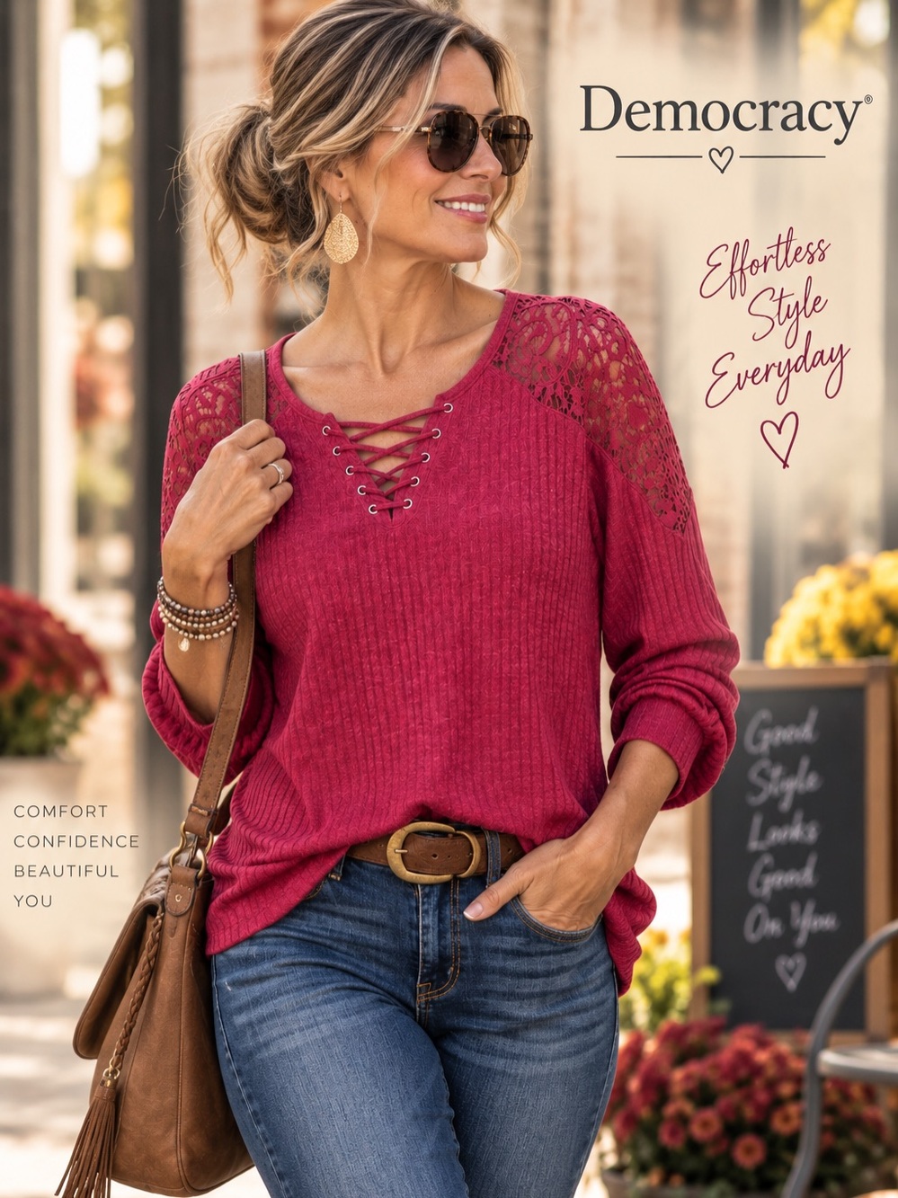 Democracy Lace-Up Long Sleeve Top in Berry Size XXL